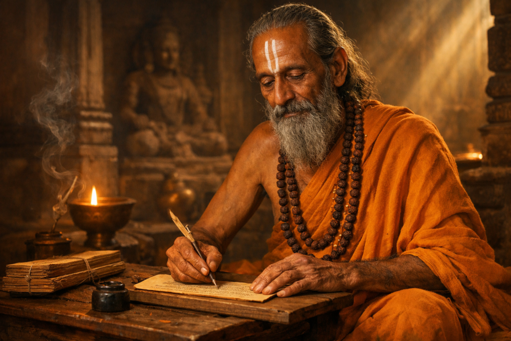 गोस्वामी तुलसीदास जी हनुमान चालीसा लिखते हुए